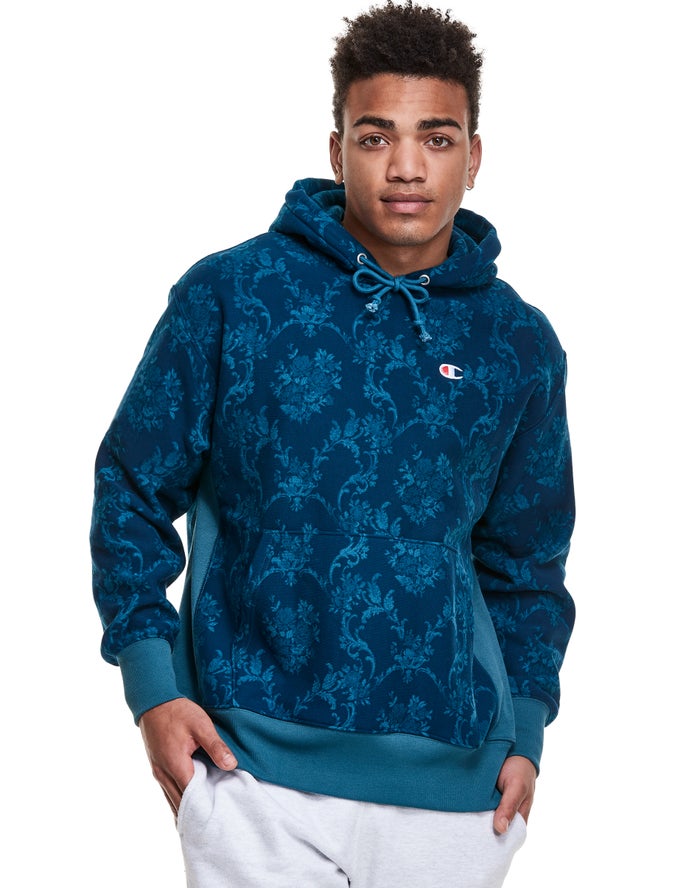 Champion Hoodie Heren - Blauw - Reverse Weave All Over Print ( 471563-OXI )